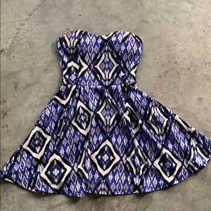 Strapless blue tribal fit and flare dress